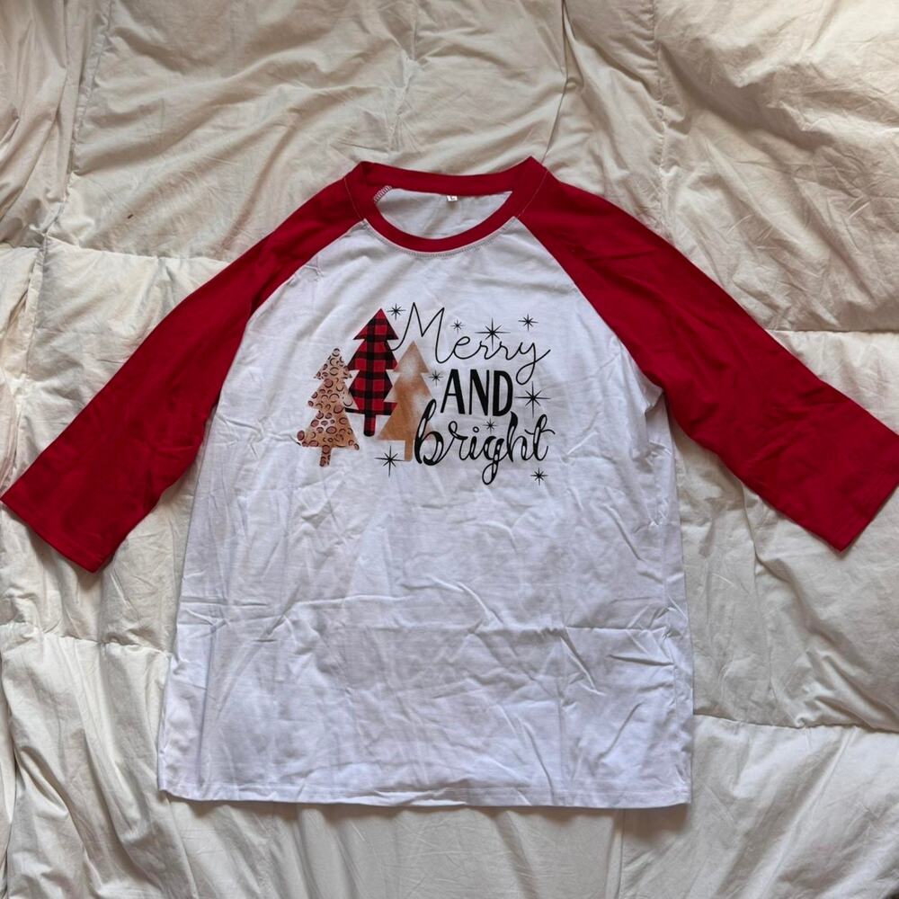 Merry and bright raglan shirt sz L plaid christmas trees baseball tee‎ holiday